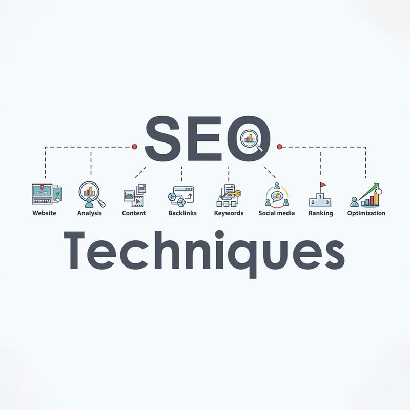 A visual representation of the key elements involved in Search Engine Optimization (SEO), including website analysis, content creation, building backlinks, keyword research, social media marketing, ranking improvement, and overall optimization.